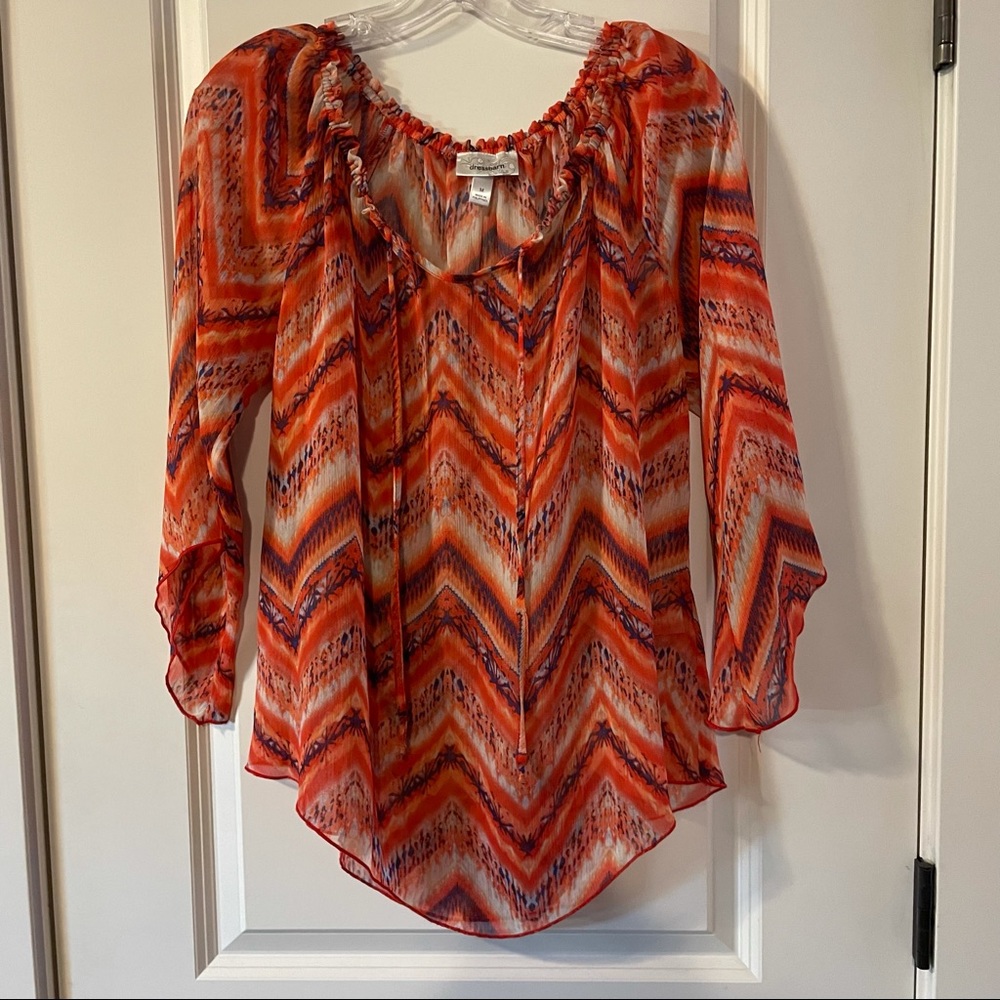 Dress Barn Women’s Size M Geo Print Orange/Coral and Purple Handkerchief Hem Top